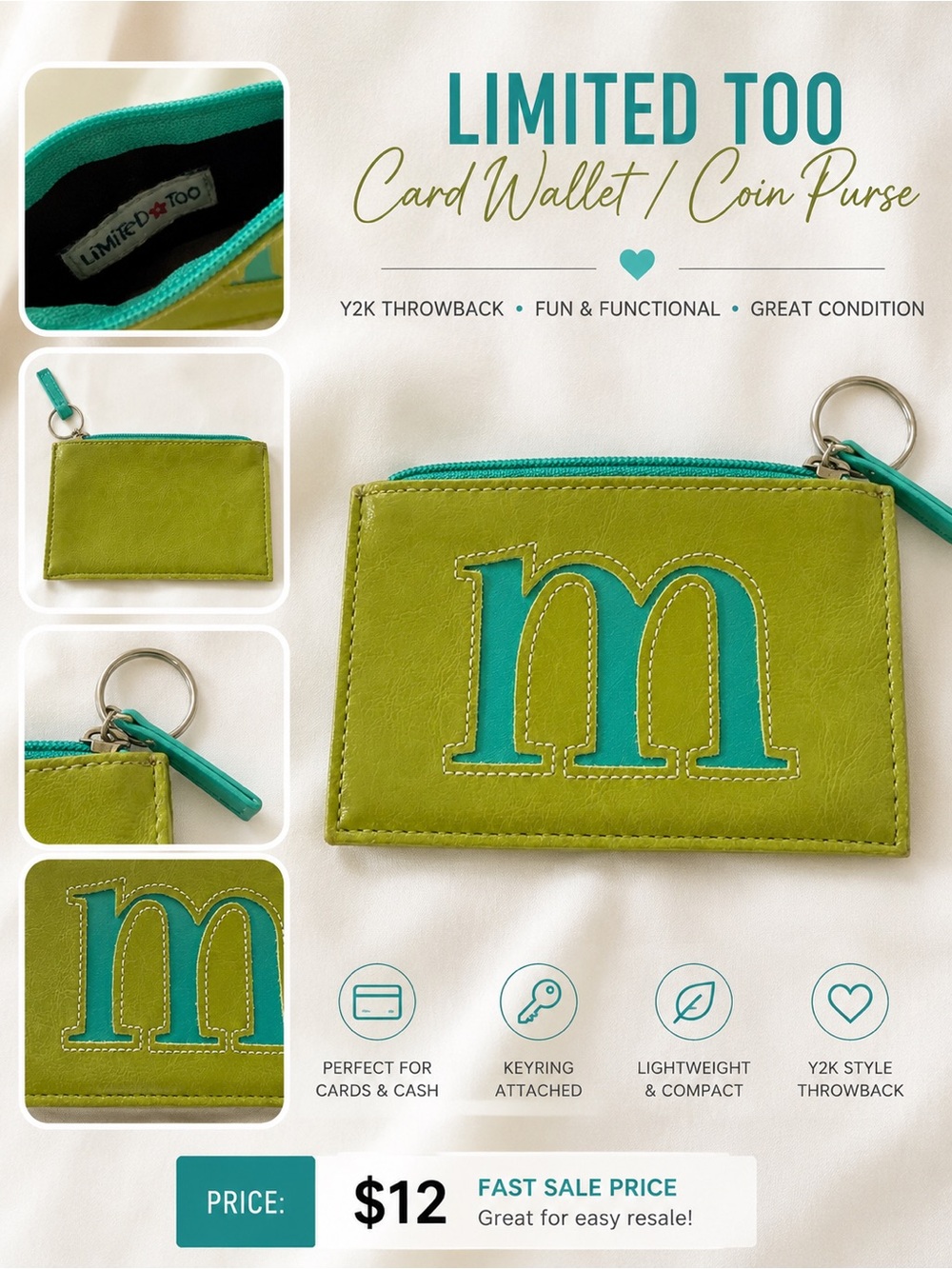 Limited Too Green Teal Leather Coin Pouch Card Wallet Keychain Y2K